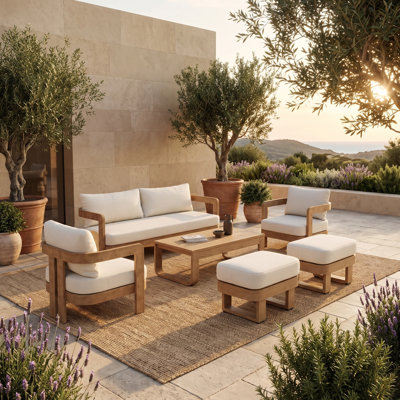 Assembly Free Sofa, Quick Assembly Coffee Table,Outdoor Aluminum Sofa Set, 6 Person Outdoor Seating Sofa, Wood Grain Veneer Sofa Set for Patio