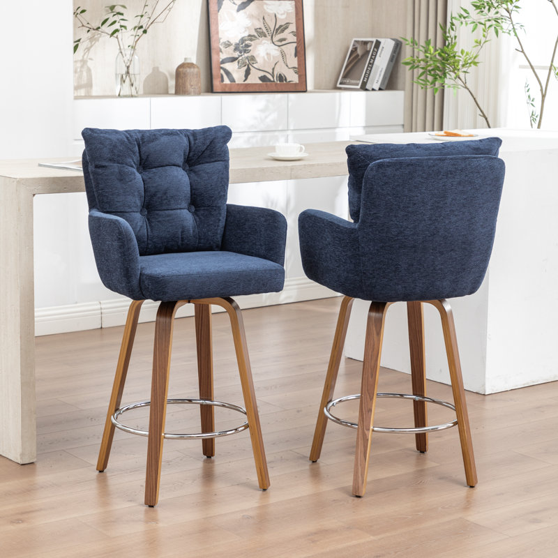 Swivel Upholstered Counter Stool with Solid Wood Frame, Blue