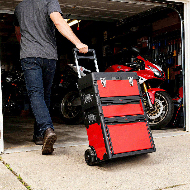 Boîte à outils 3-en-1 empilable avec roulettes, Rouge