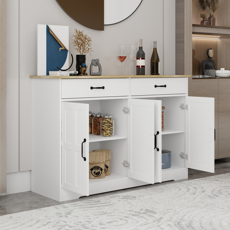 Buffet Style Blanc - 2 tiroirs, 4 portes. Polyvalent pour la salle à manger. , Peint. Buffet Stable Construction. Rangement spacieux
