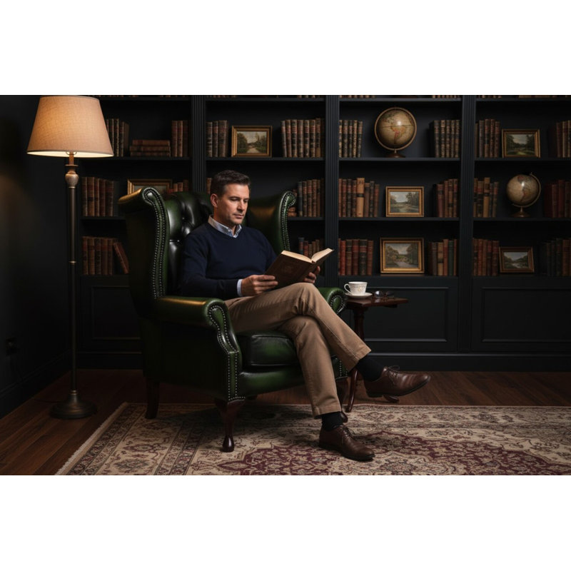 High Back Chesterfield Upholstered Wingback Chair, Antique Green