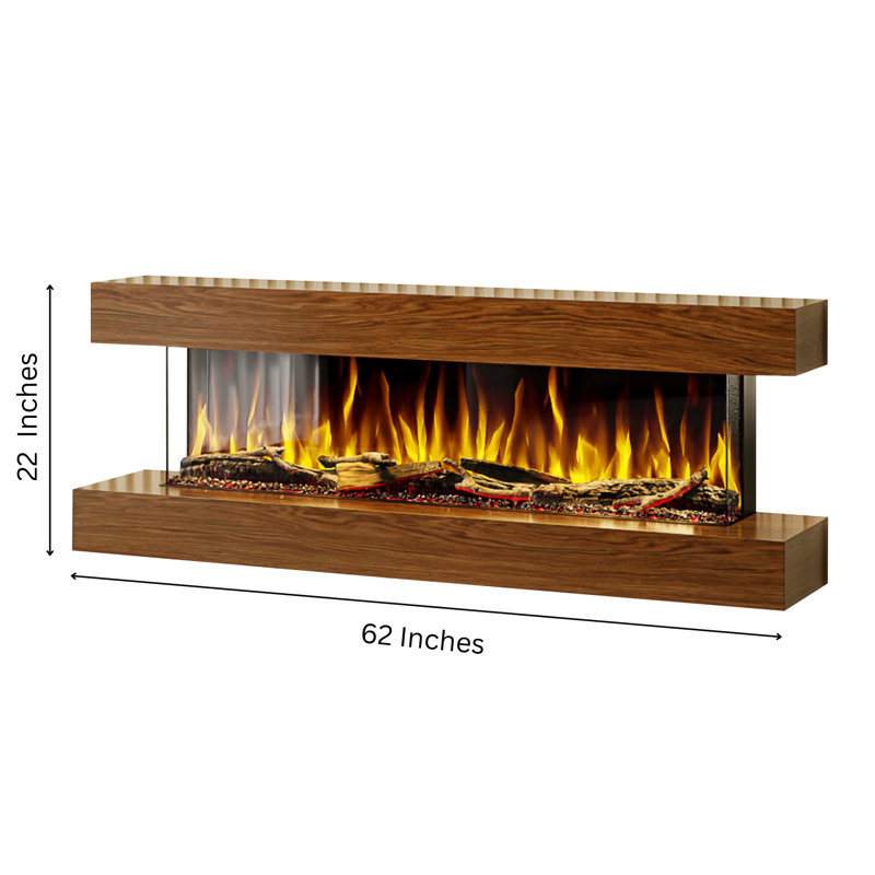 Studio 5 | Oak or Walnut | 62-inch Wall Mounted Electric Fireplace | Fully Assembled | 3-sided Panoramic Flame | Remote Control | Led Side Lights