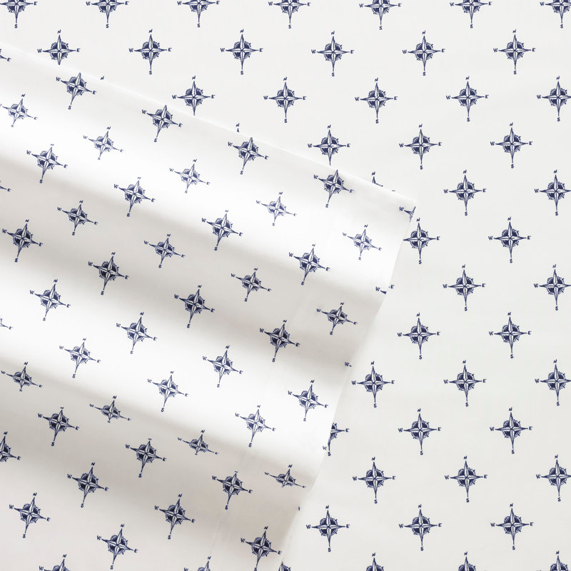 Full Blue Compass Print Percale Cotton Sheet Set