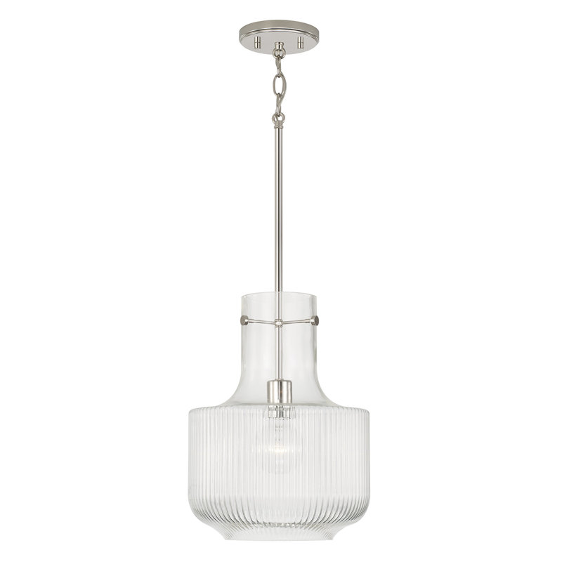 Luminaire suspendu 1 lumière avec verre cannelé transparent, Nickel poli