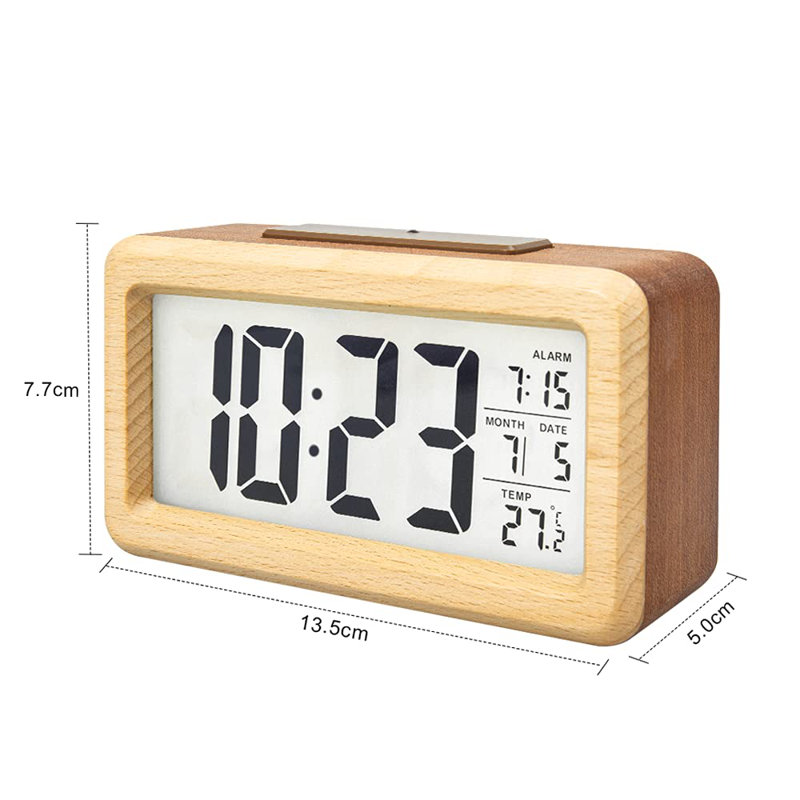 Bedroom Wooden Digital Alarm Clock Battery Powered With Smart Sensor Night Light, Temperature Detection, Snooze Function