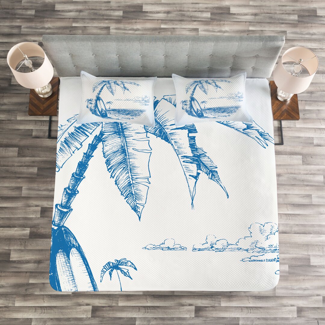 Gestepptes Bettdecken-Set, Surf Hawaii-Strand, Blau Weiss, Blau Weiss