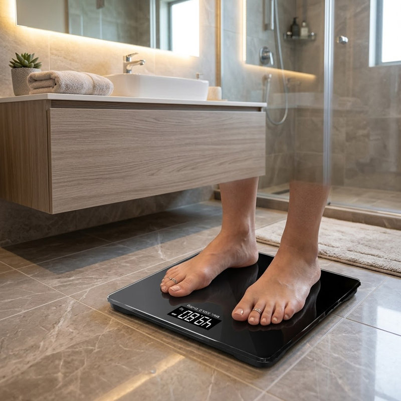 Square Digital Bathroom Scale - Max 330 Lbs. Capacity - Black - 11" x 11", Black