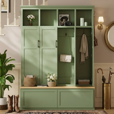 54.72" Wide Hall Tree with Bench, Four Coat Cabinets, Two Storage Drawers, Open Cubby Shelves, Modern Farmhouse, Entryway