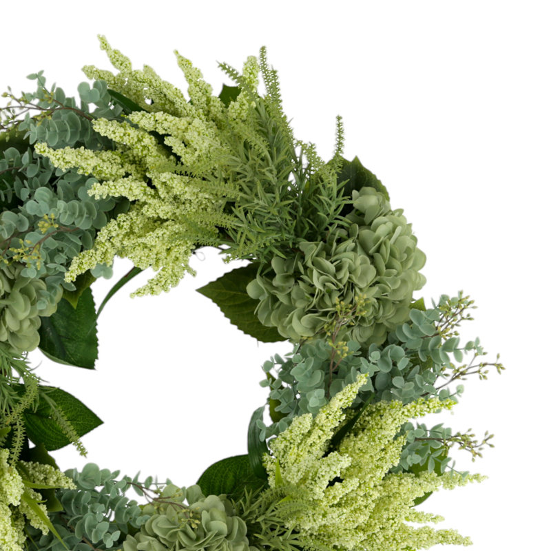 24" Hydrangea, Heather And Eucalyptus Wreath, Green/White