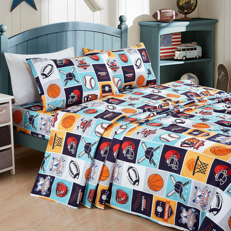 Twin White and Multicolor Sports Print Microfiber Sheet Set