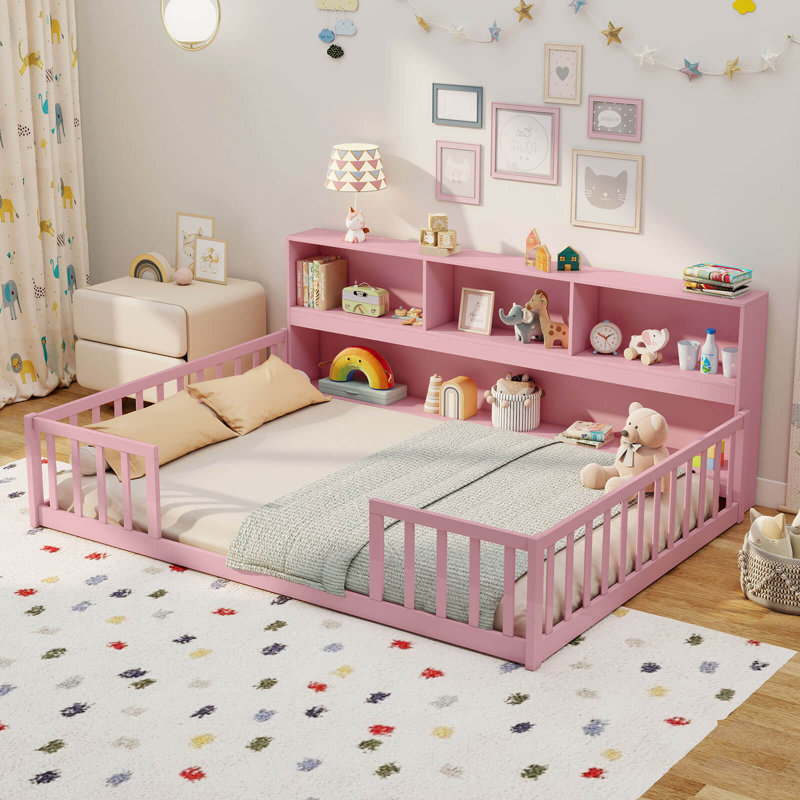 Lit double sur pied Montessori avec étagères de rangement et barrière de sécurité, Full, Rose