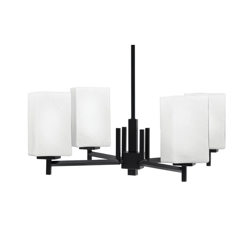 Lustre Franklin à 4 lumières, fini noir mat, abat-jour carré en verre mousseline blanc de 10 cm., Blanc, Noir mat
