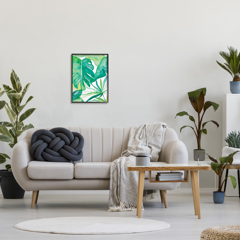 Feuilles de jungle vertes et tropicales avec plantes de Monstera, Giclée encadrée noir minuit, H 20 po x l 16 po x P 1,5 po