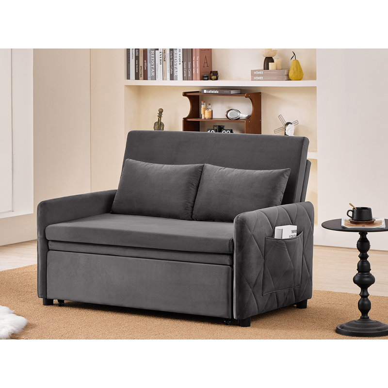 Velvet Sofa Bed with Two Pillows and Adjustable Backrest, Gray Velvet