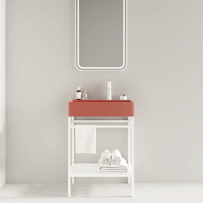 Console de meuble-lavabo pour salle de bain - Bassin en céramique de couleur rouge avec rangement blanc moderne scandinave avec armoire en fer brillant, lavabo sur pied