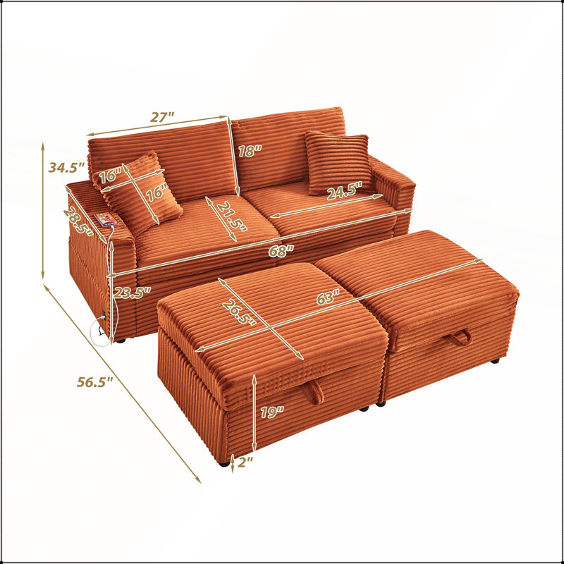 Comfortable Fluffy Corduroy Lazy Sofa with Double Ottomans and Table Board for Chailiving, Orange