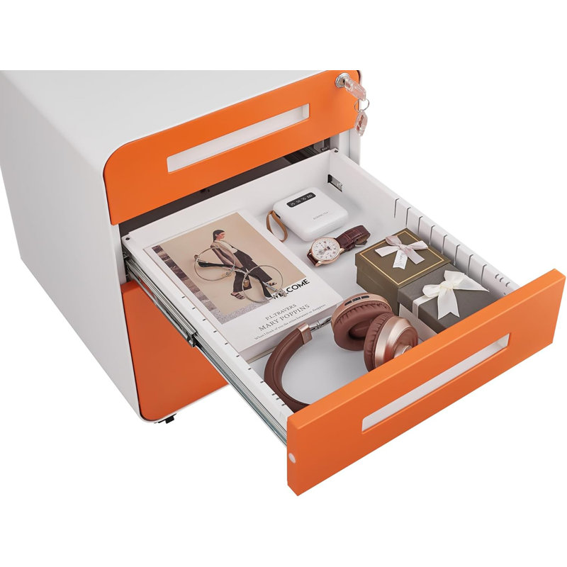 Classeur mobile verrouillable à 3 tiroirs Orange, rangement sous le bureau en métal pour le bureau personnel, Orange/Blanc