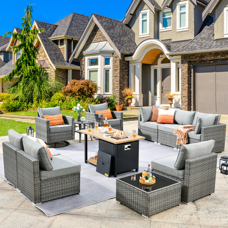 Habibah Premium All-Weather Wicker 9 - Person Patio Conversation Set with Cushions, Dark Gray
