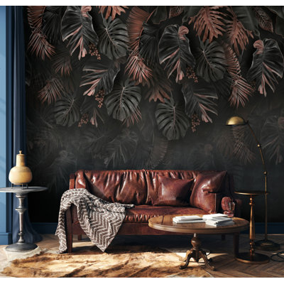 Dark Tropical Leaf Border Wallpaper in Black and Rose