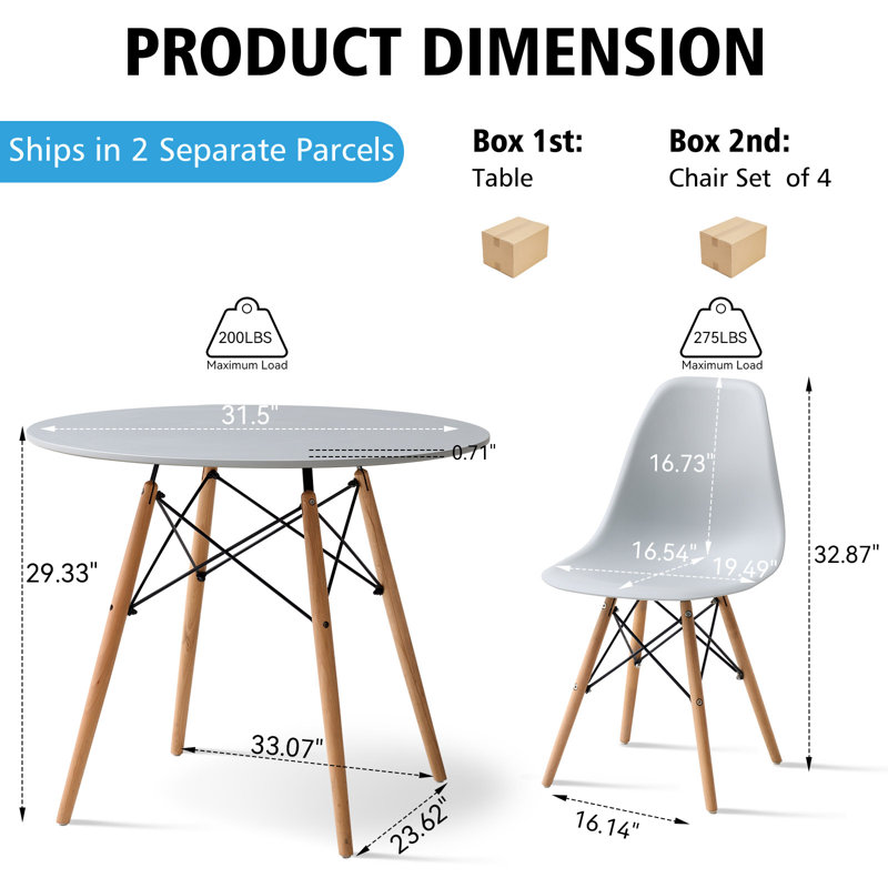 5 Piece Round Dining Table with Chairs Set for 4, 35.5/31.4 Inch Dining Room Table Set, Gray, 29.3" H x 31.5" W x 31.5" D