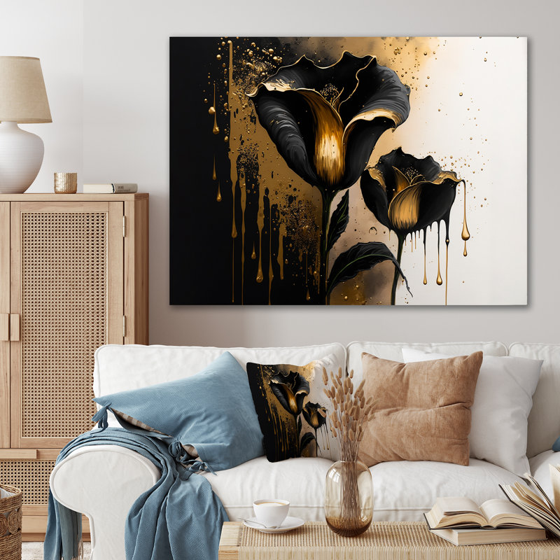 Black And Gold Cally Lillies - Calla Lily Metal Print, 24" H x 32" W