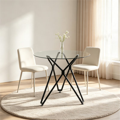 Table de salle à manger ronde en verre trempé 35,4 po avec pieds en métal