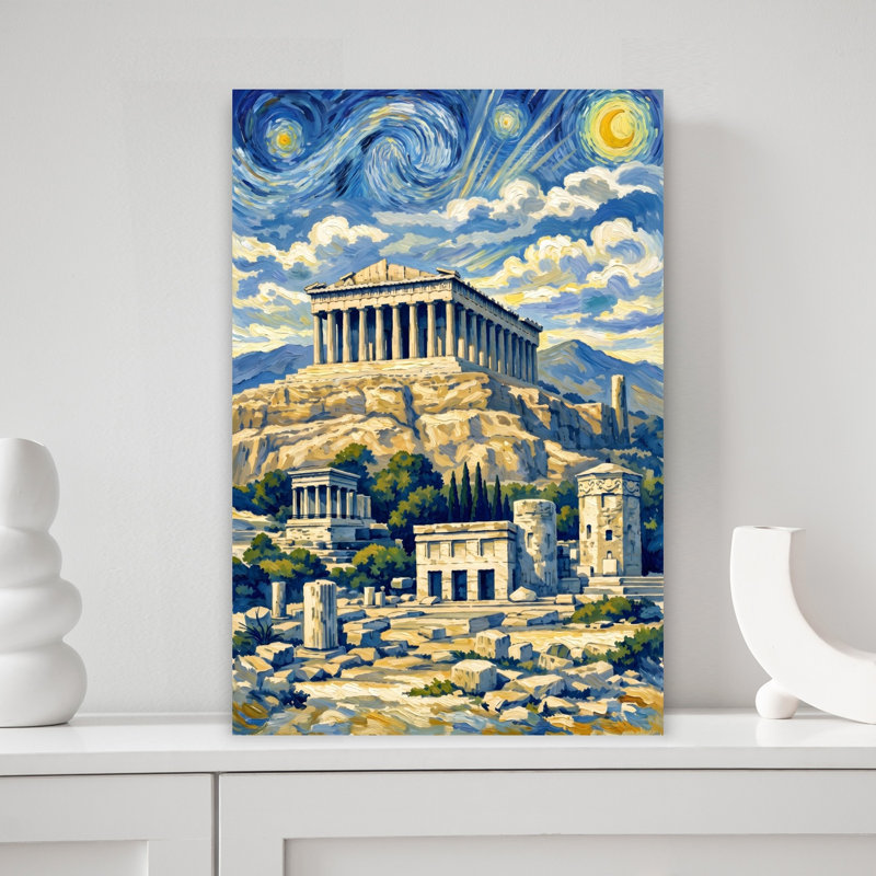 Parthenon Starry Night Vibrant Abstract Contemporary Architecture City Wall Art Print 1 Piece Wrapped Canvas Wall Art