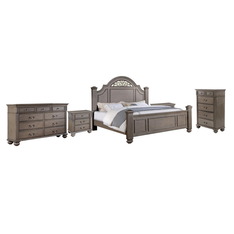 King Bedroom Set, Gray and Brass, 5pc w 2 Nightstands, Dresser, Chest