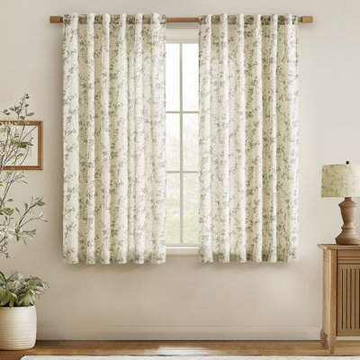 Semi Sheer Linen Blend French Floral Printed Rod Pocket Curtain Pair