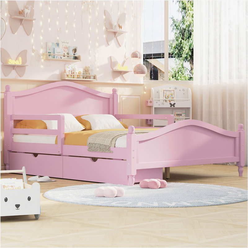 Wood Platform Bed with Guardrails on Both Sides and Two Storage Drawers ,Pink, Full