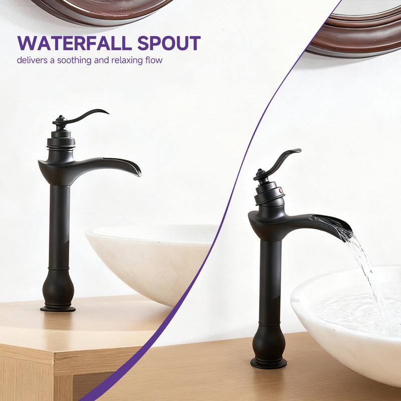 Obsidian  Waterfall Single Hole Single-Handle Vessel Bathroom Faucet Bathroom Faucet with Drain Assembly, Black