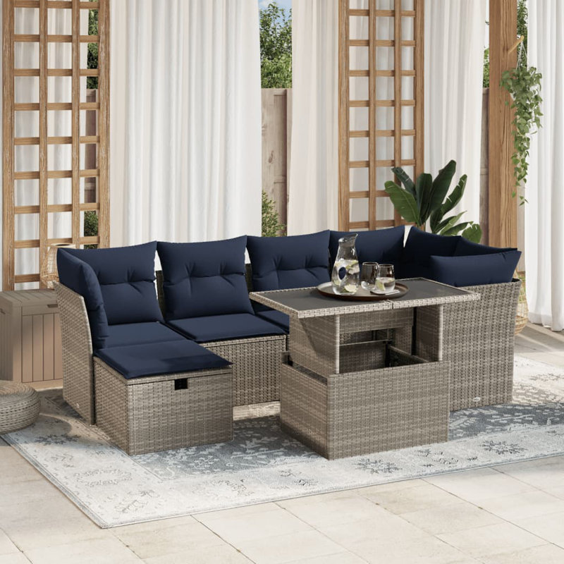 Ensemble de 7 canapés de jardin avec coussins en rotin gris pour l'extérieur, Coussin bleu marine / structure grise