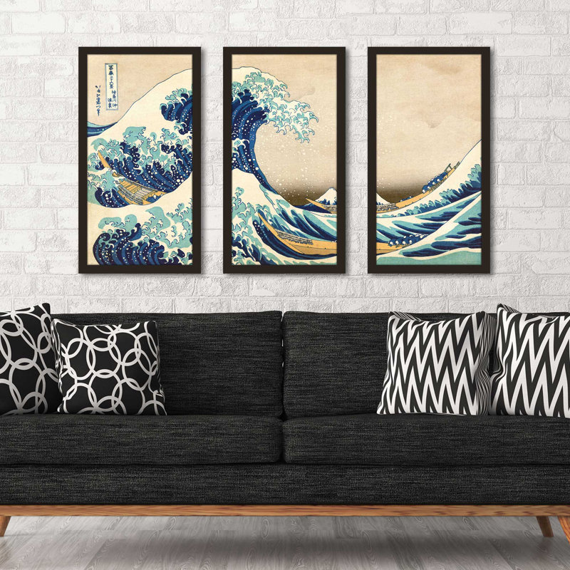 «The Great Wave Off Kanagawa» par Katsushika Hokusai - 3 pièces encadrées, L 40,5 po x H 25,5 po x P 1 po