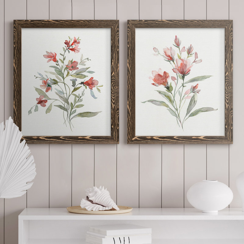Lin botanique corail III - ensemble de 2 reproductions d'art, H 20 po x l 17 po x P 1 po, Toile avec cadre en noyer
