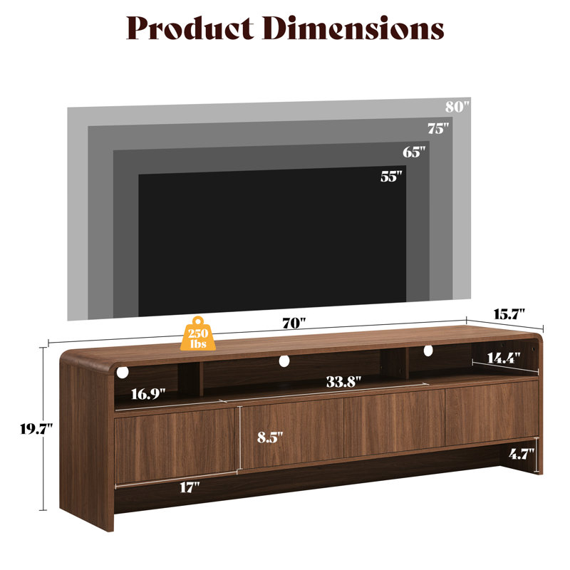 Dulane 70'' Modern TV Stand with Open Shelf&Large Storage Space for TVs up to 75'',Walnut, Walnut