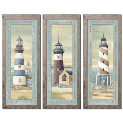 «Lighthouse Beach Country Coastal», ensemble de 3 reproductions encadrées