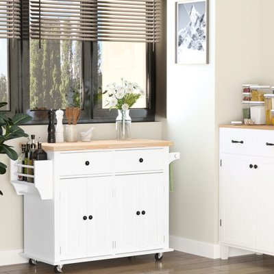 Rolling Kitchen Island, White, With Drawers, Adjustable Shelves, And Rubberwood Top - Space Optimization Cart Island , Equipped Counter, Spice Rack, Towel Rack Ample Drawer For Storage