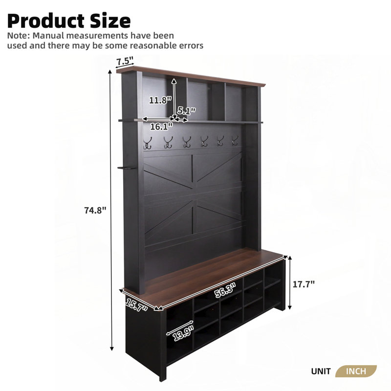 4-in-1 Hall Tree with 6 Hooks with Adjustable Shelves, Black
