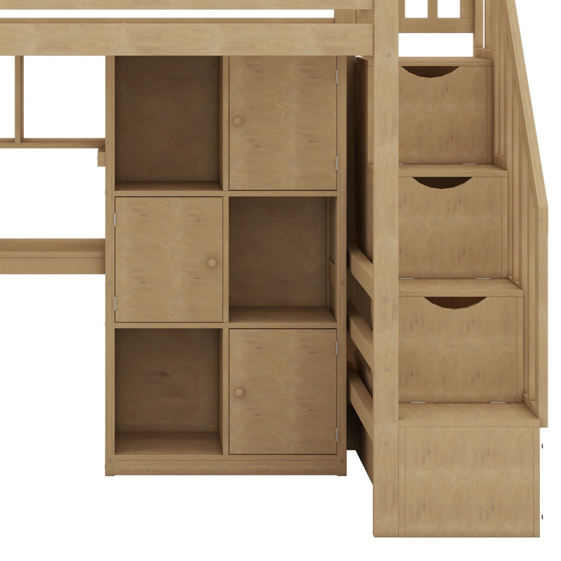 Wood Loft Bed With Built-In Desk, LED, Storage Shelves, Cabinets And Staircase, Walnut