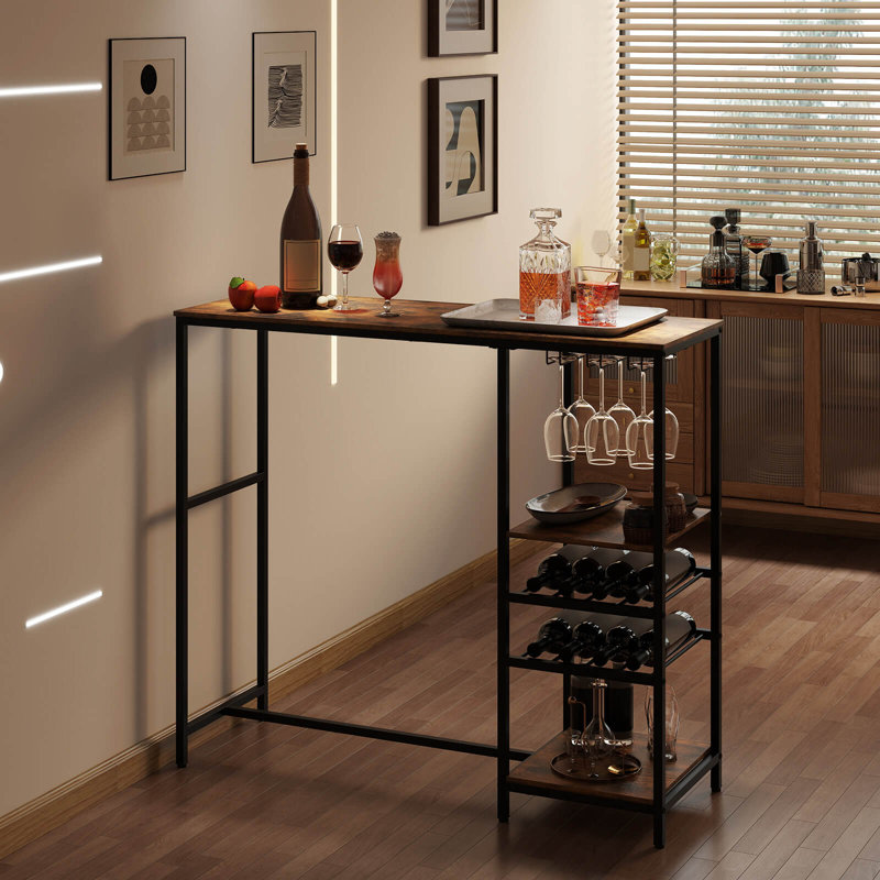 Table de bar 48 po avec tablettes de rangement, porte-bouteilles et porte-verres à pied pour la cuisine