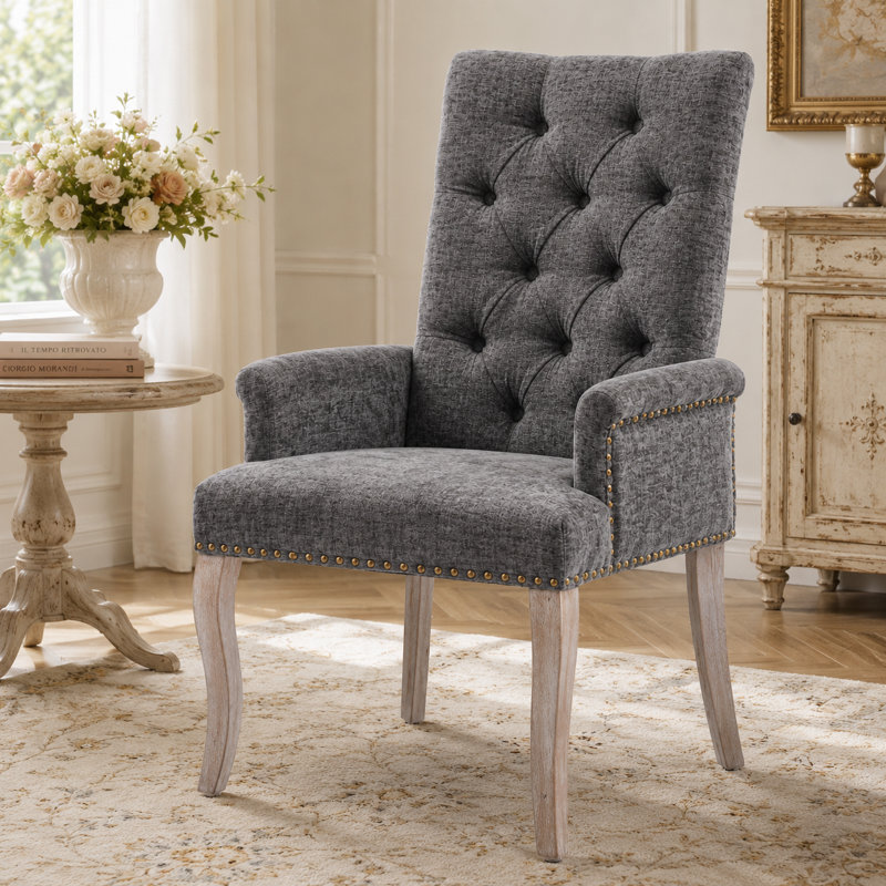 Fauteuil de salle à manger Ellvorn en chenille capitonnée, fauteuil d'appoint français rembourré avec dossier haut, pieds incurvés en bois massif, coussin en mousse et capacité de charge de 136 kg.