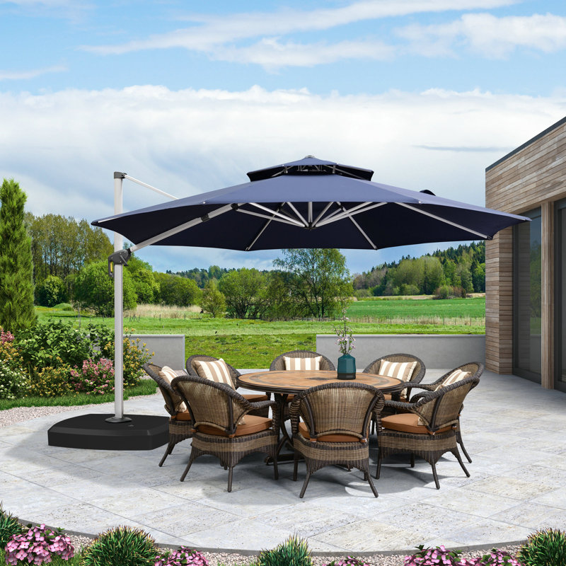 Parasol rond en porte-à-faux avec base à roulettes 156 po Refik, Bleu marine