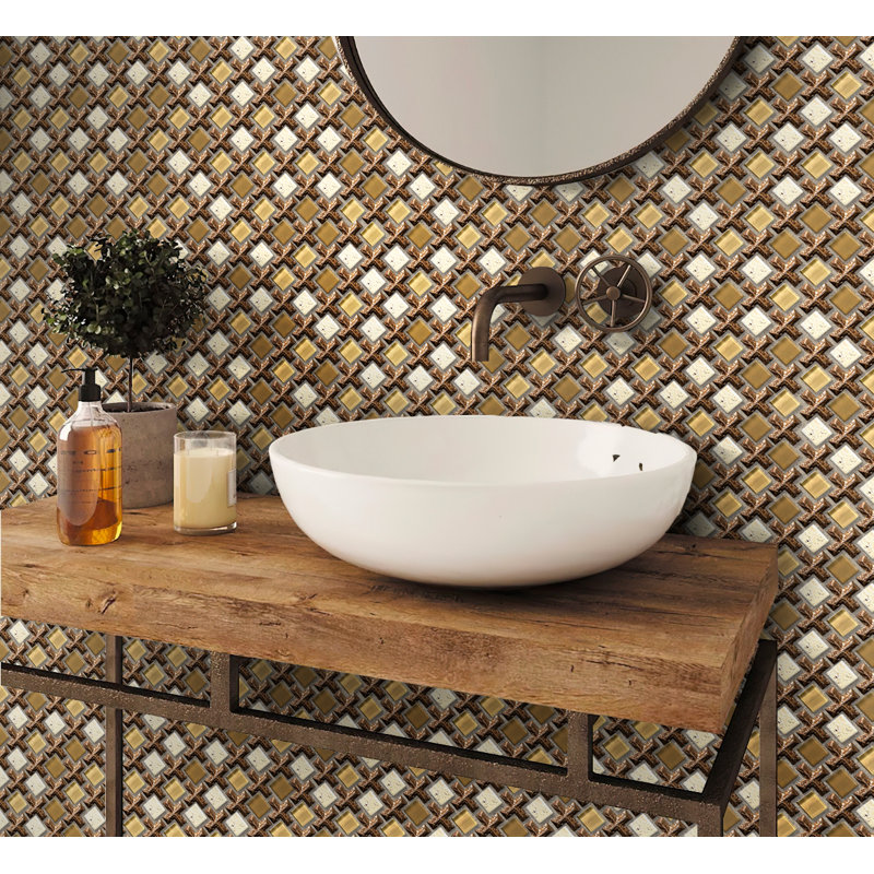 11" x 11" Glass Grid Mosaic Wall Tile, Beige/Brown
