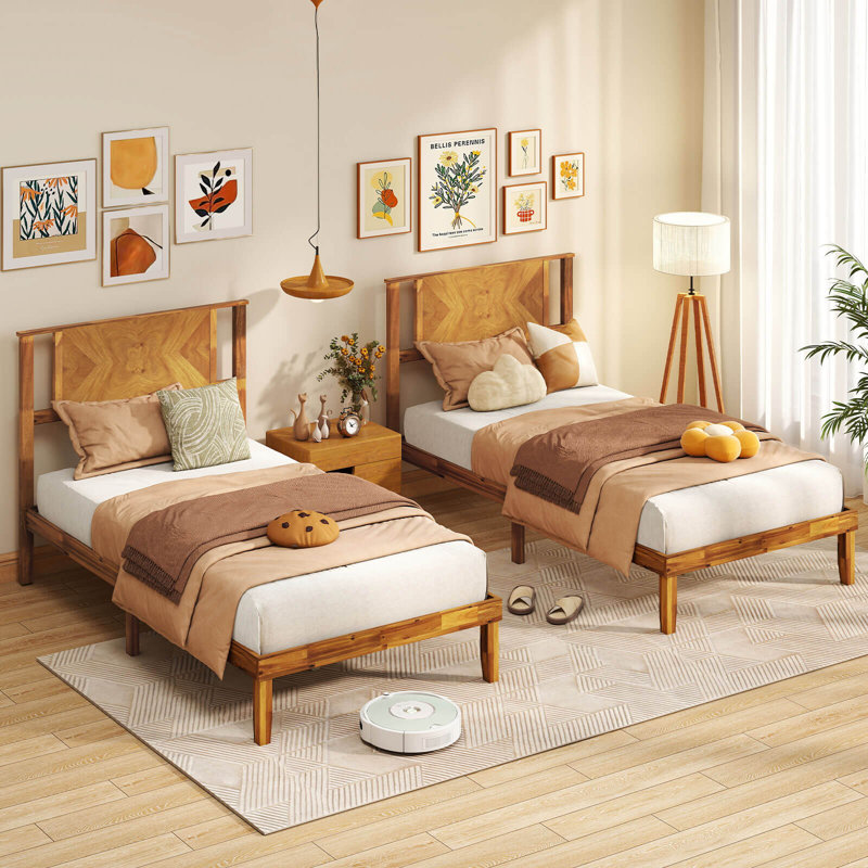 Twin Size Bed Frame with Headboard Under-Bed Space No Box Spring Needed, Twin