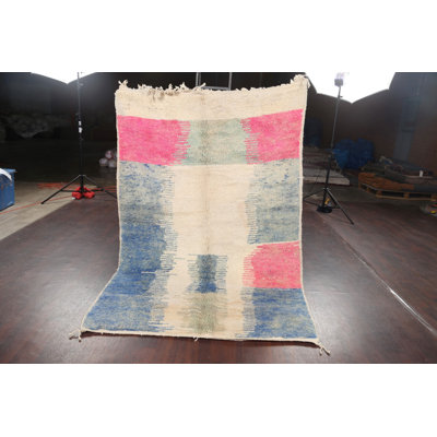 One-of-a-Kind Hand-Knotted New Age 5'1" x 7'6" Wool Area Rug in Ivory/Blue
