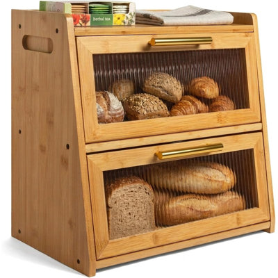 Boîte à pain en bambou pour comptoir de cuisine, grande boîte à pain à double couche offrant deux fois plus d'espace de rangement pour le pain, pouvant contenir plusieurs pains, durable et magnifique avec des panneaux en acrylique givré