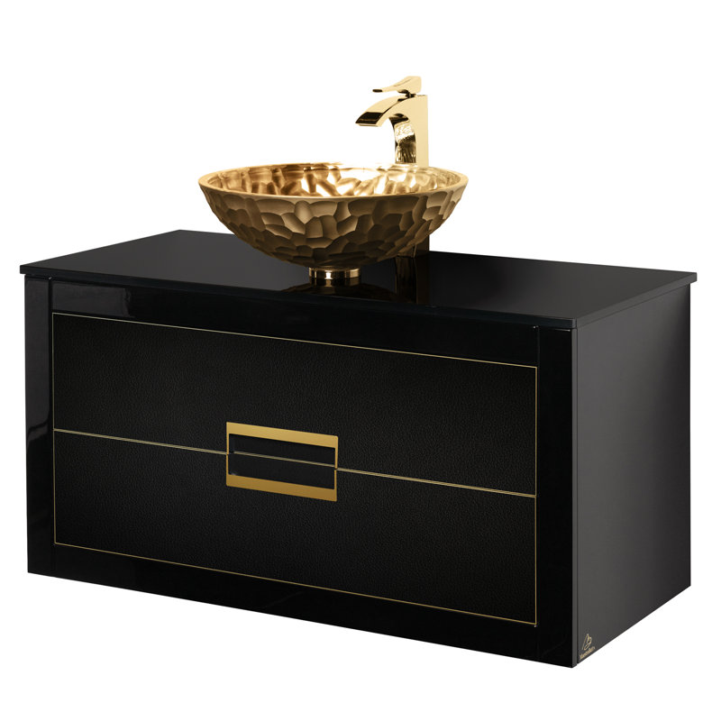 Meuble-lavabo mural simple 40 po avec comptoir en verre trempé, Noir
