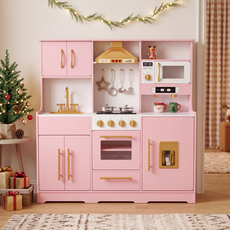 Wooden Kids Play Kitchen, Toy Kitchen Playset for Toddler, Realistic Kitchen Sets w/Lights & Sounds, Gift for Boys Girls Age 3+