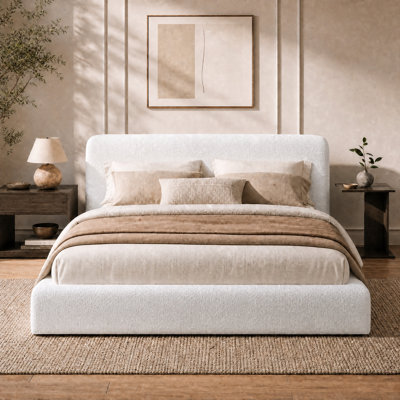 Cloud‑Style Upholstered Platform Bed Frame with Boucle Headboard, 5‑Inch Plush Foam Padding, Curved Design, Heavy‑Duty Metal Slats, Hidden Hook‑and‑Loop, No Box Spring Needed, Easy Assembly