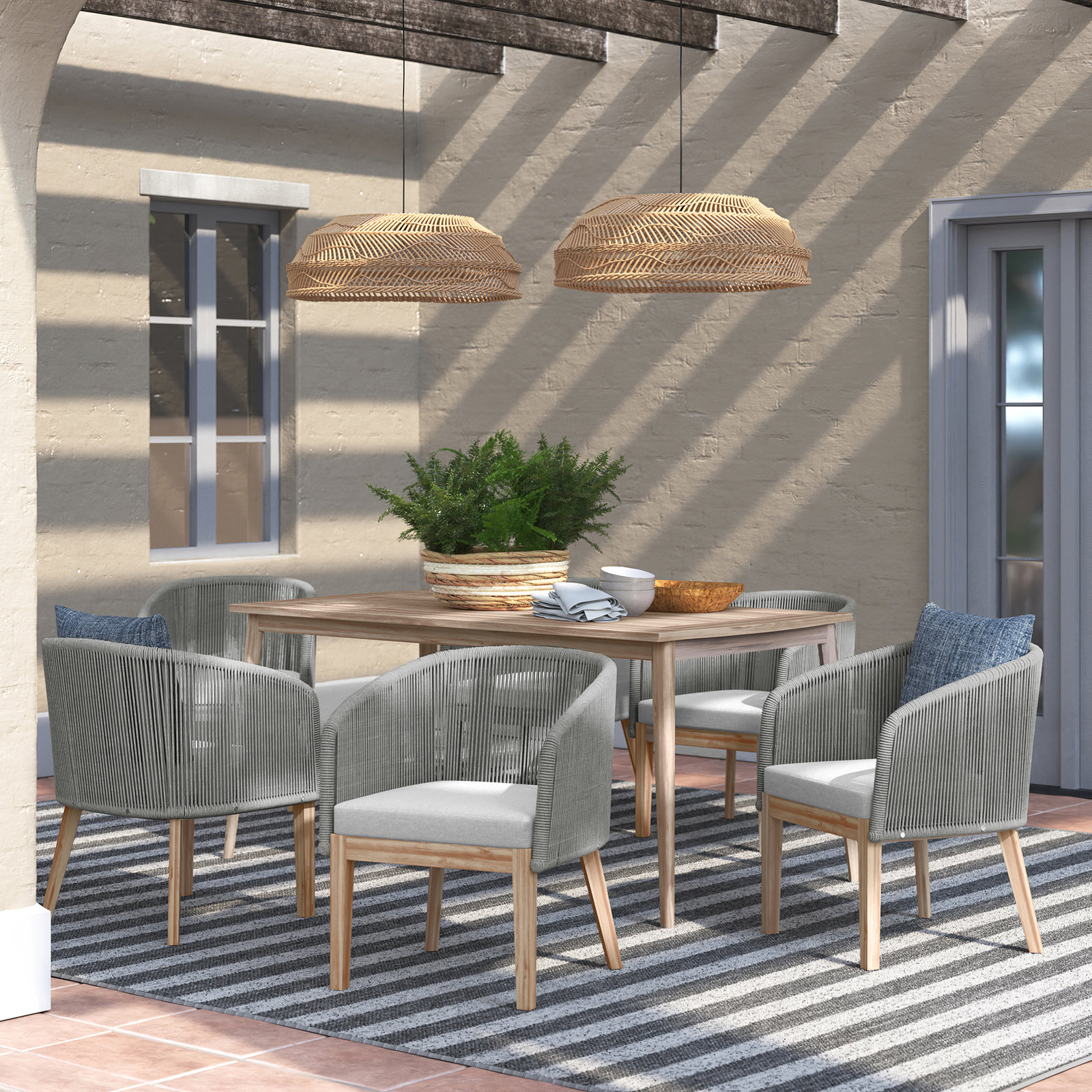 Bowery 67'' Rectangular 6 - Person Outdoor Dining Set with Cushions, Gray